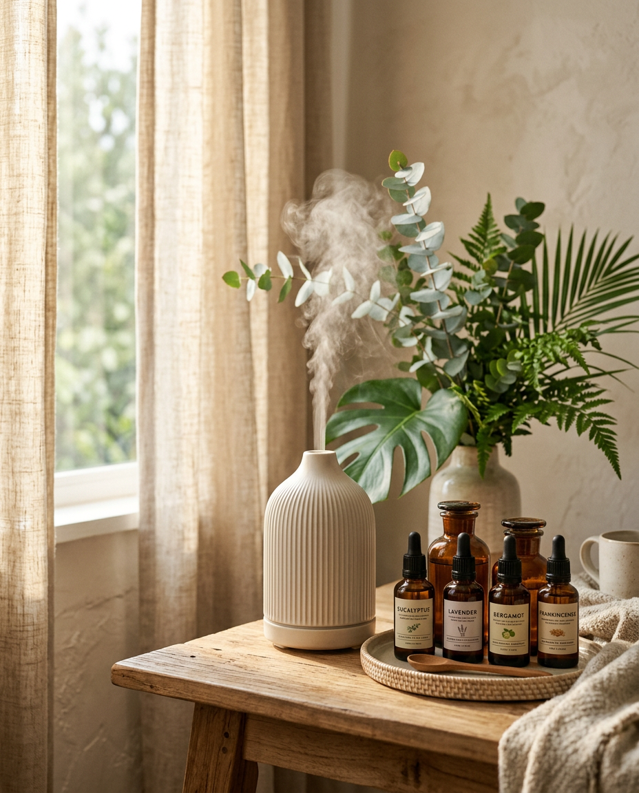 Ceramic essential oil diffuser releasing mist beside amber oil bottles
