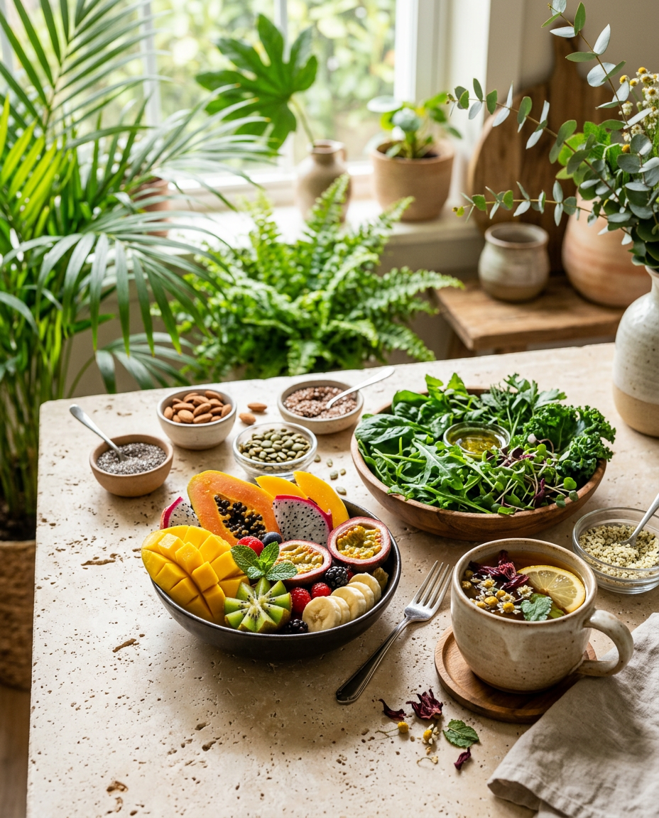 Fresh tropical fruits, greens, seeds and herbal tea on a light stone counter