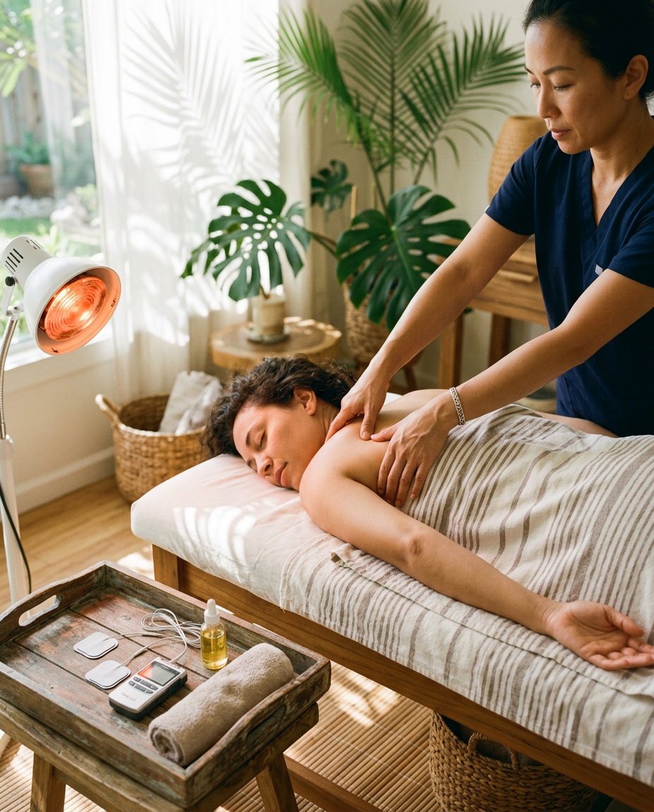 Practitioner applying acupressure with an infrared lamp and TENS unit nearby